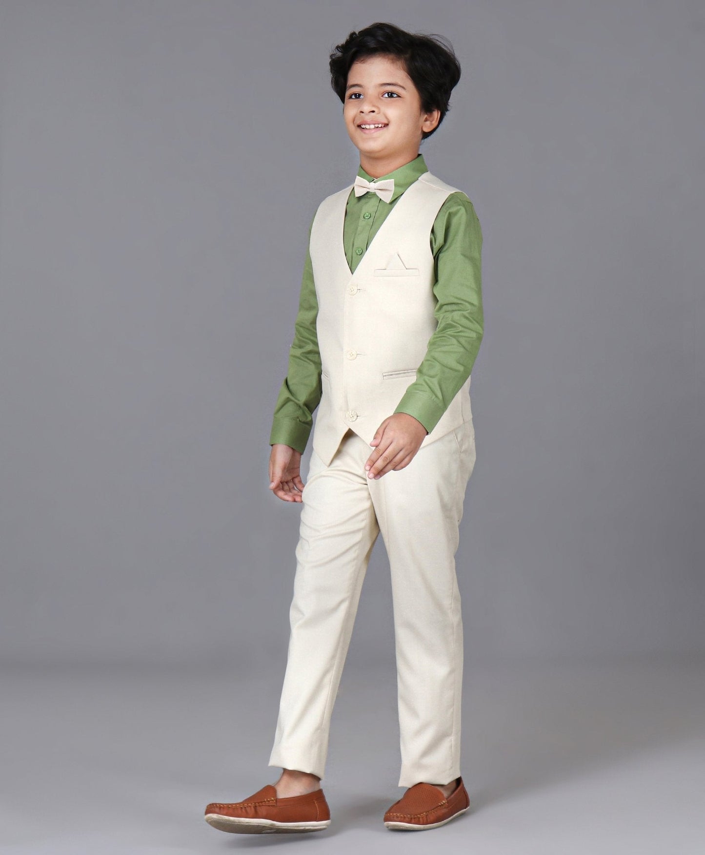 Pine Kids 3 Piece Full Sleeves Party Suit With Bow - White Green