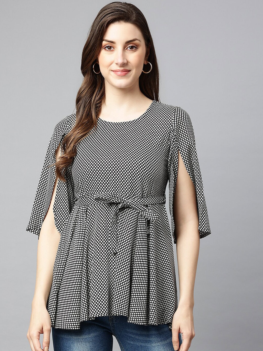 Black & White Print Monochrome Liva Cinched Waist Top