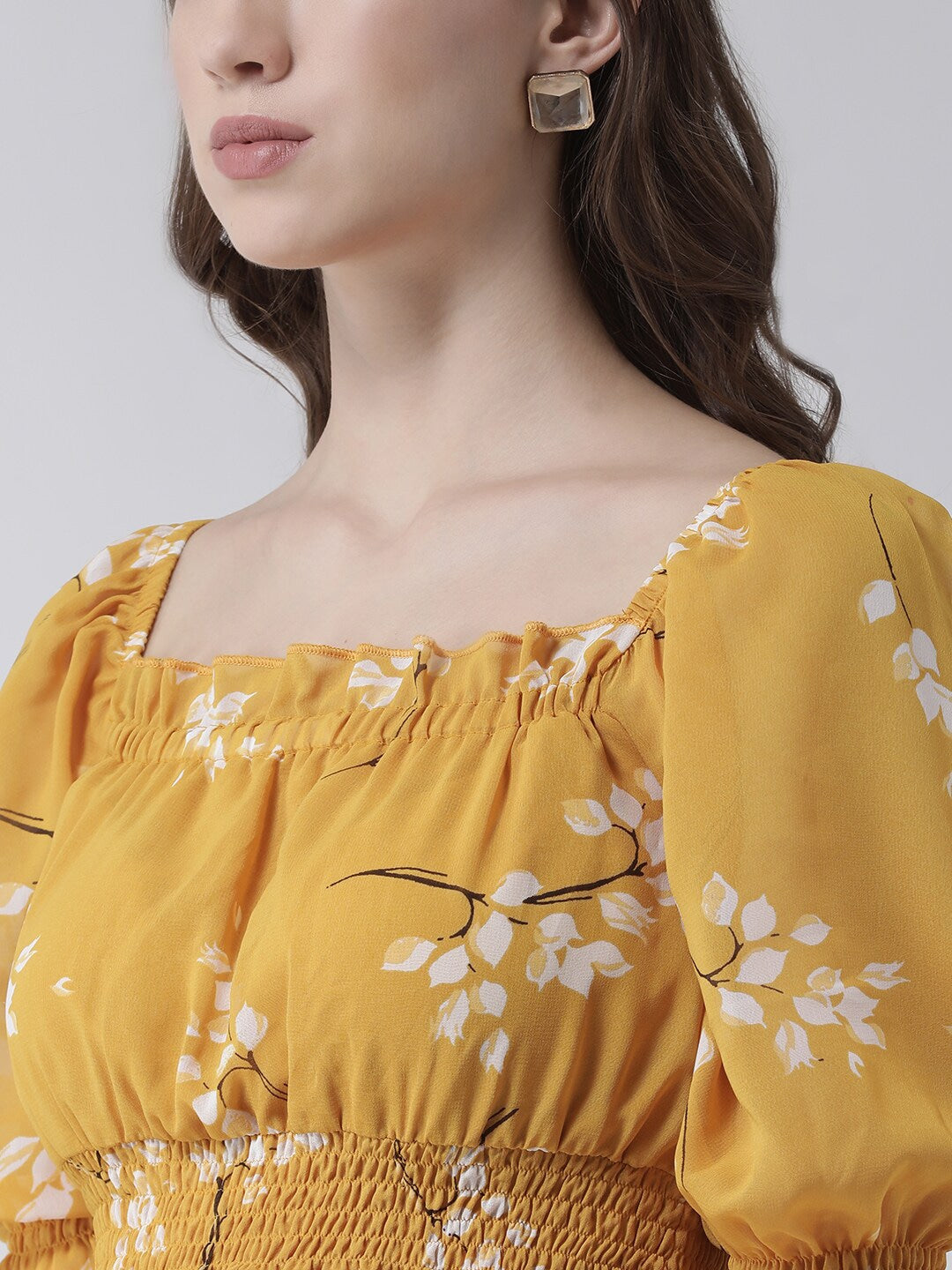 Yellow & White Floral Print Peplum Top