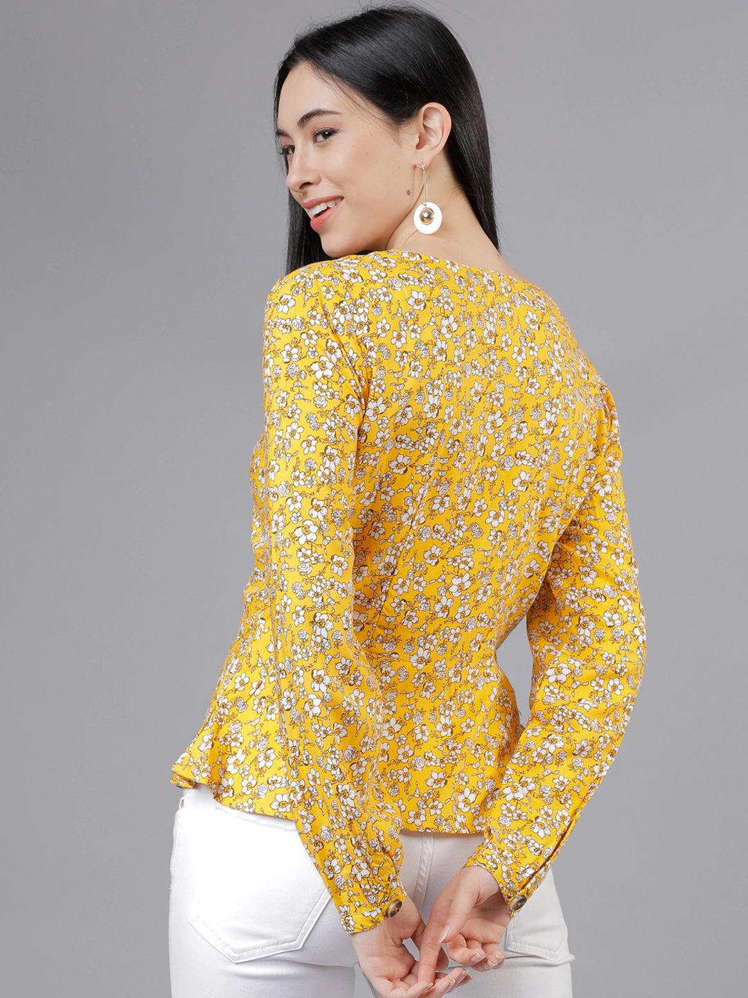 Women Yellow Floral Printed Peplum Top