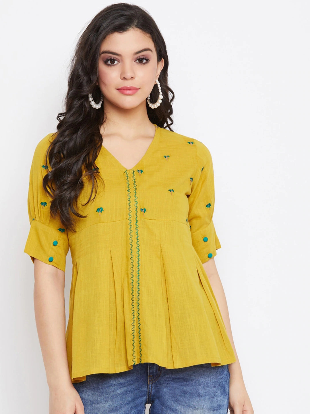 Mustard & Blue Embroidered A-Line Top