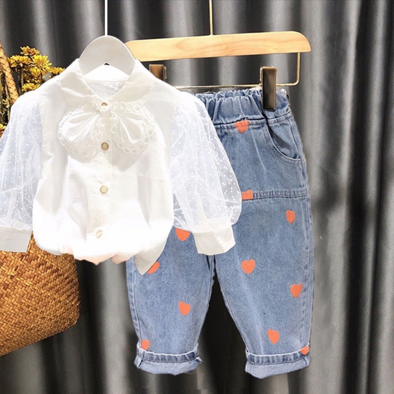 BOW TOP & HEART PRINTED DENIM SET