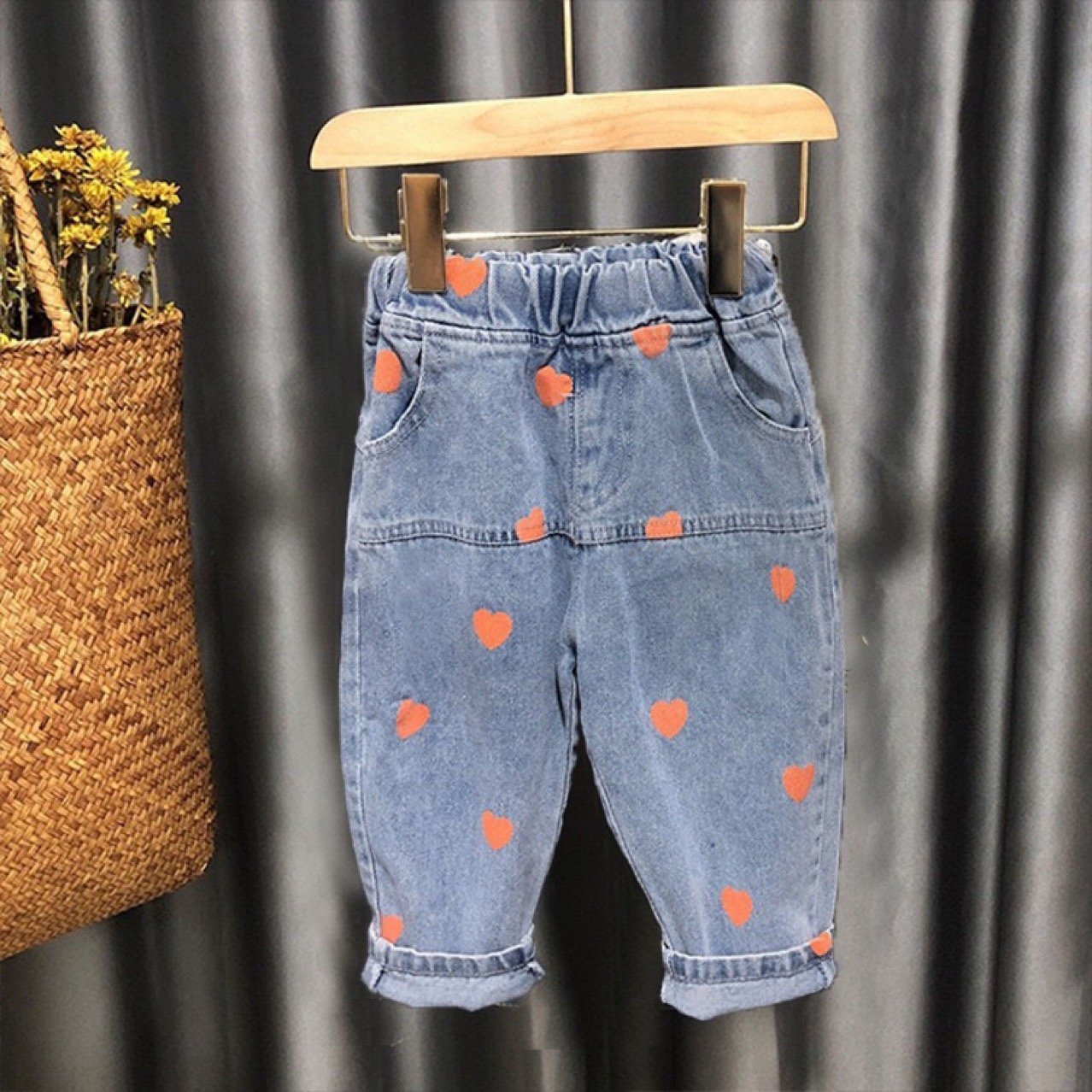 BOW TOP & HEART PRINTED DENIM SET