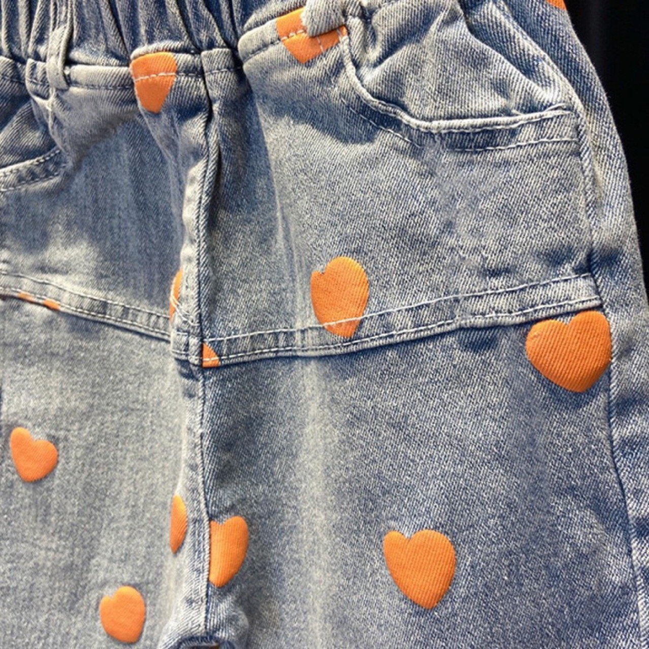 BOW TOP & HEART PRINTED DENIM SET