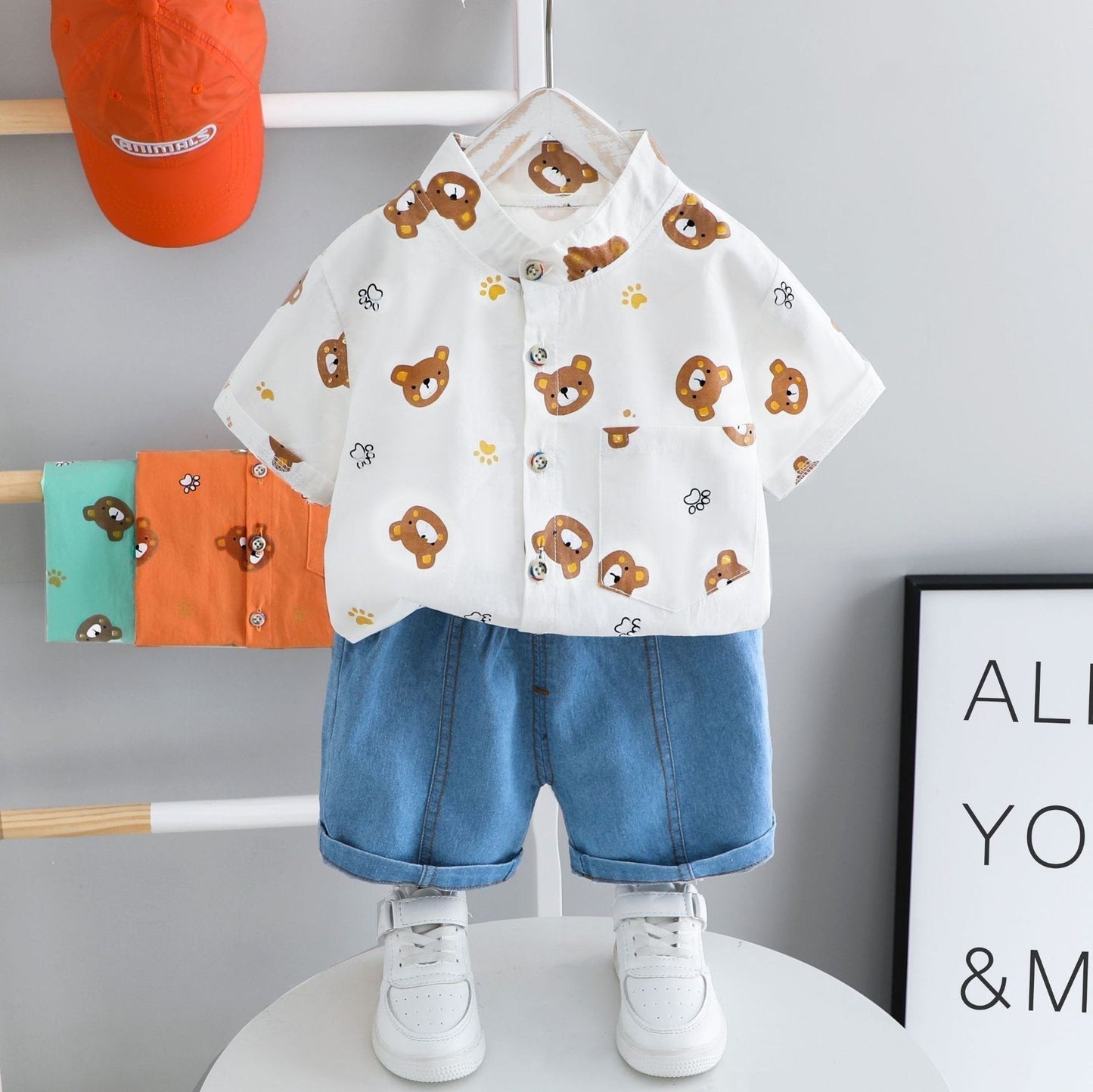 Bear Printed Shirt And Shorts Set