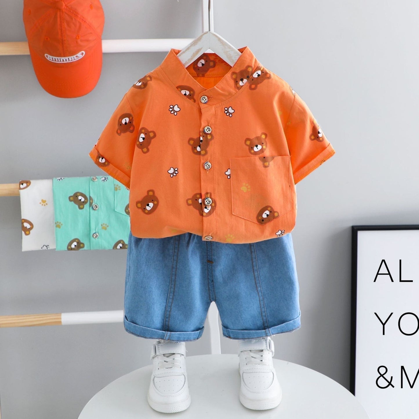 Bear Printed Shirt And Shorts Set