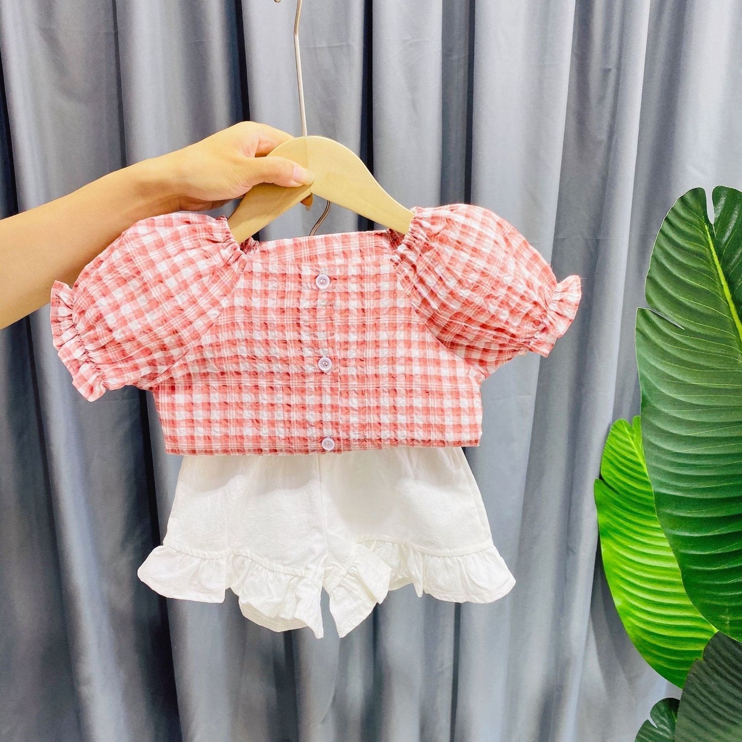 Buttoned Checkered Top And Ruffles Shorts Set