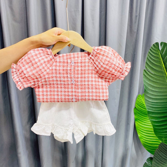 Buttoned Checkered Top And Ruffles Shorts Set