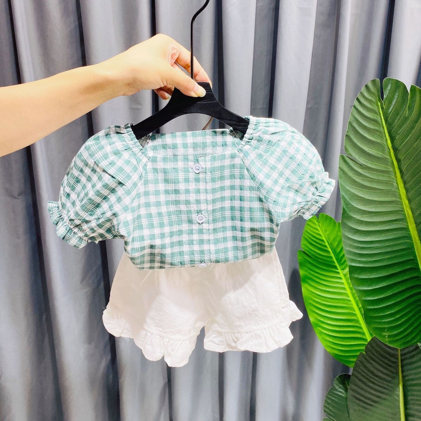 Buttoned Checkered Top And Ruffles Shorts Set