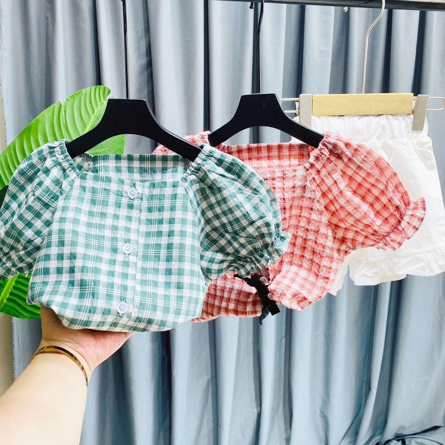 Buttoned Checkered Top And Ruffles Shorts Set