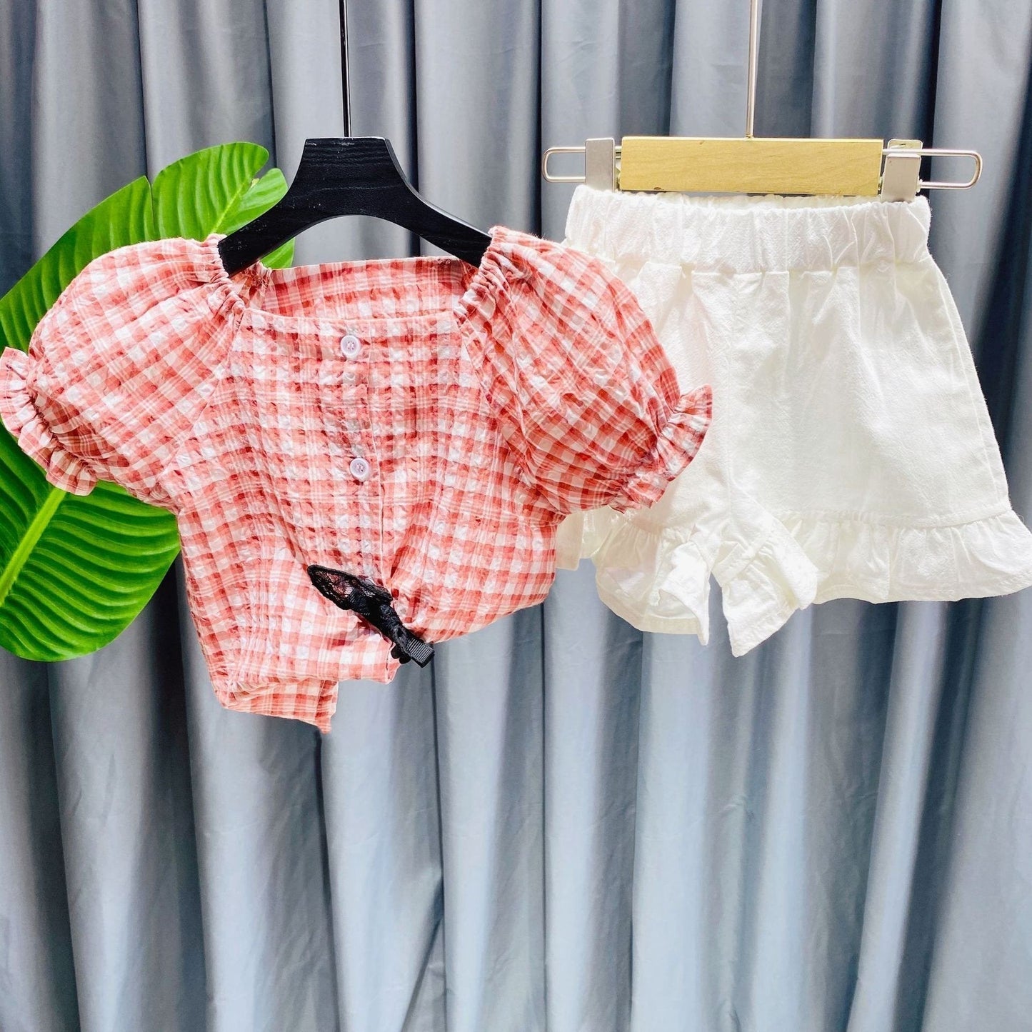 Buttoned Checkered Top And Ruffles Shorts Set