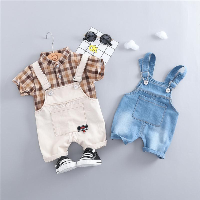 Denim Dungaree And Plaided Shirt Set