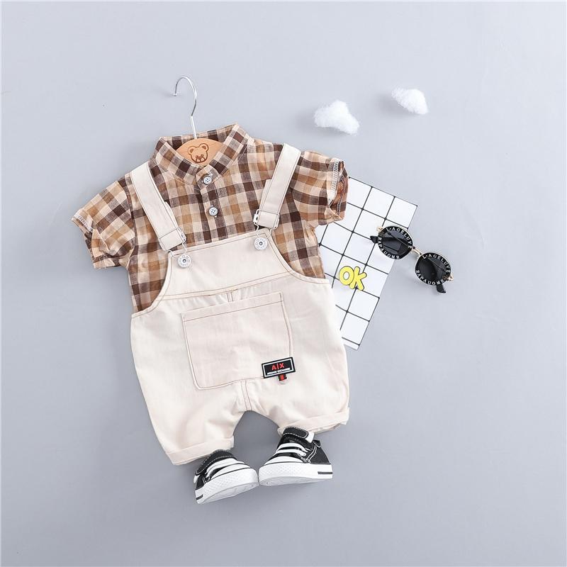 Denim Dungaree And Plaided Shirt Set