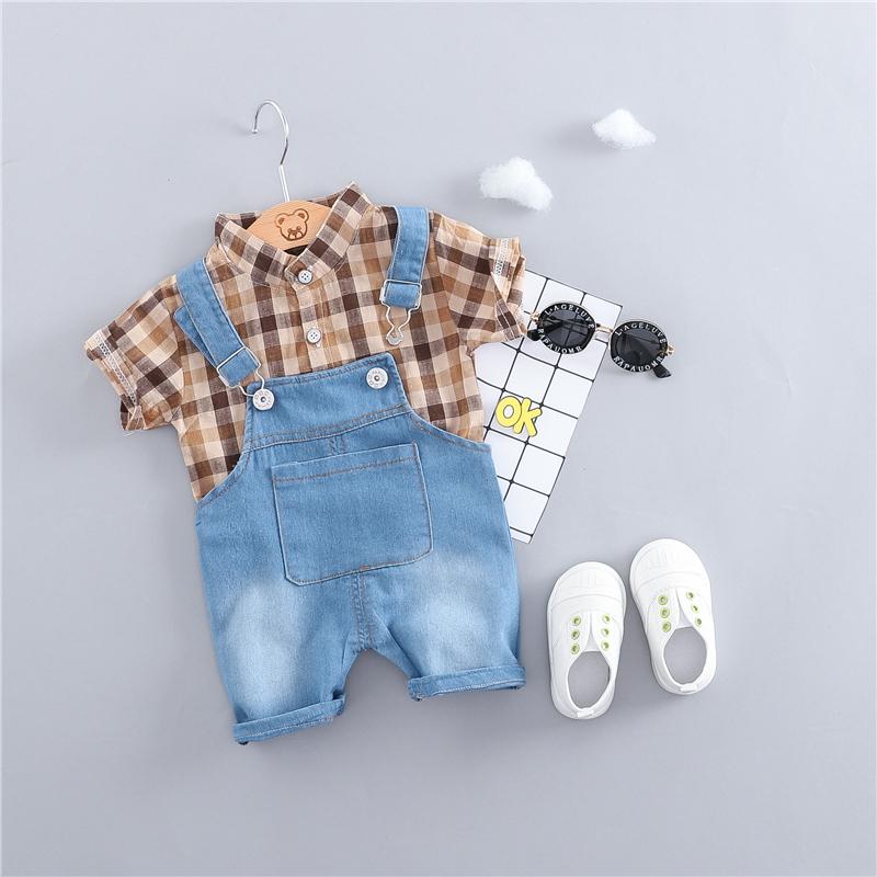 Denim Dungaree And Plaided Shirt Set