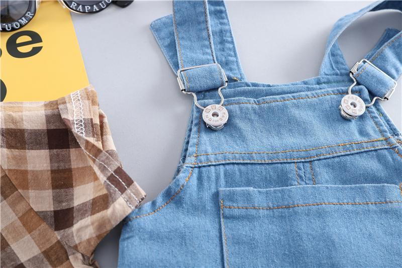 Denim Dungaree And Plaided Shirt Set