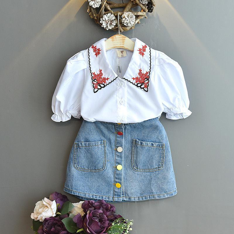 EMBROIDERED COLLAR TOP AND DENIM SKIRT SET