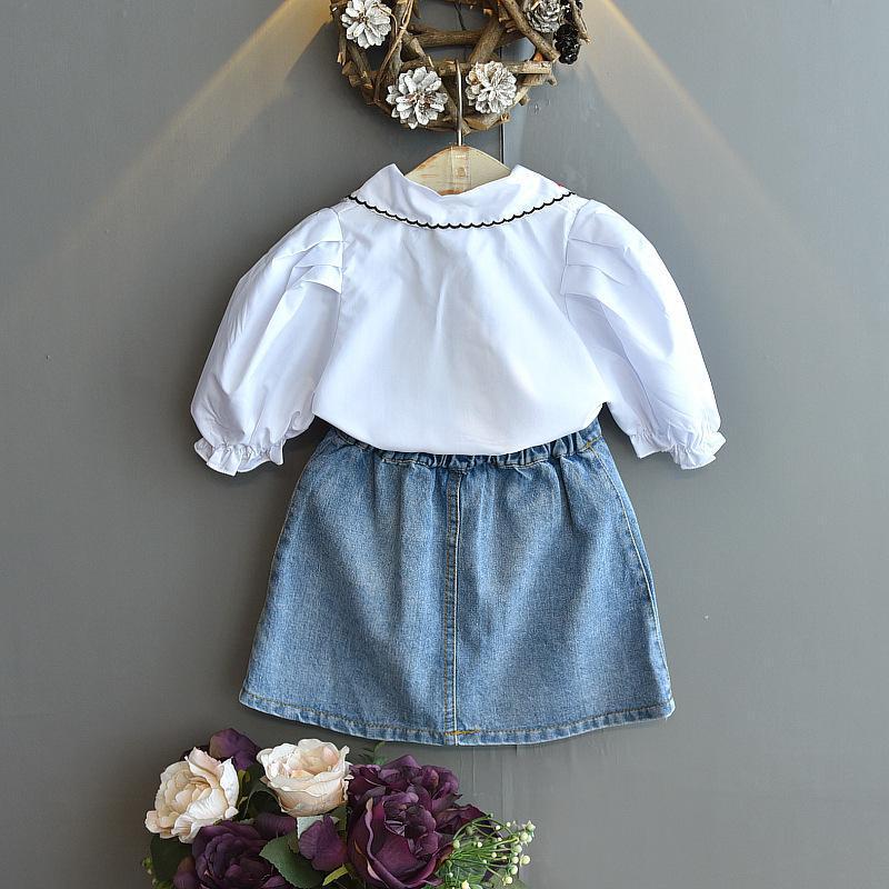 EMBROIDERED COLLAR TOP AND DENIM SKIRT SET