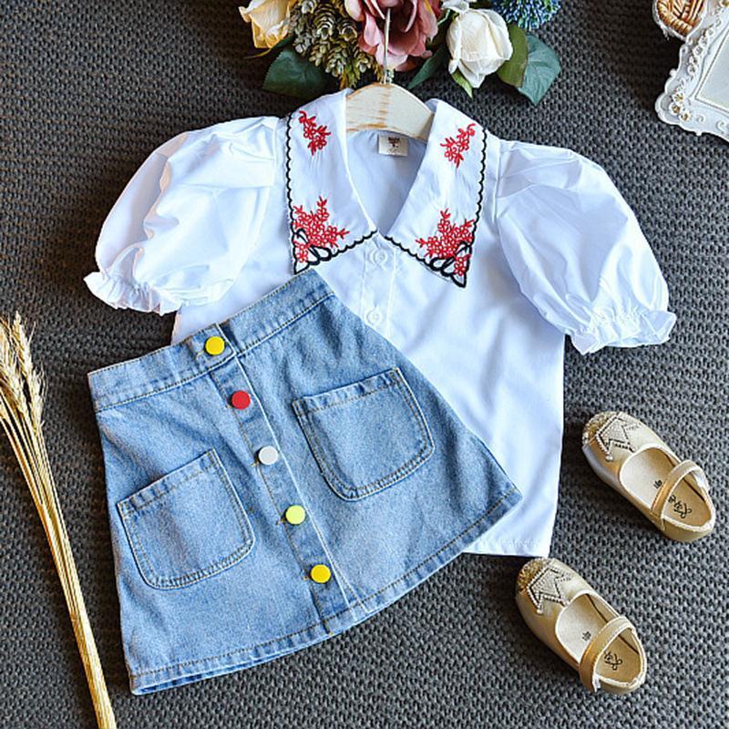 EMBROIDERED COLLAR TOP AND DENIM SKIRT SET