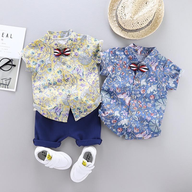 Flower Printed Shirt With Bow And Shorts Set