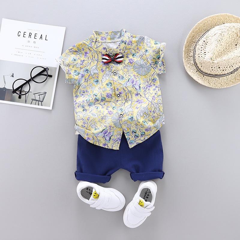 Flower Printed Shirt With Bow And Shorts Set