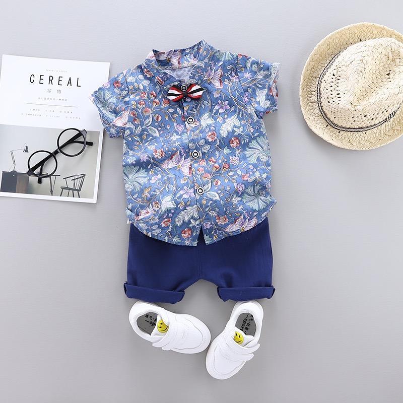 Flower Printed Shirt With Bow And Shorts Set