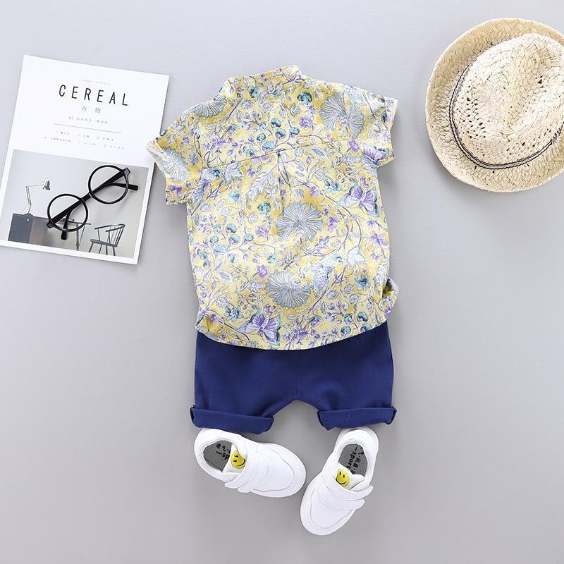 Flower Printed Shirt With Bow And Shorts Set