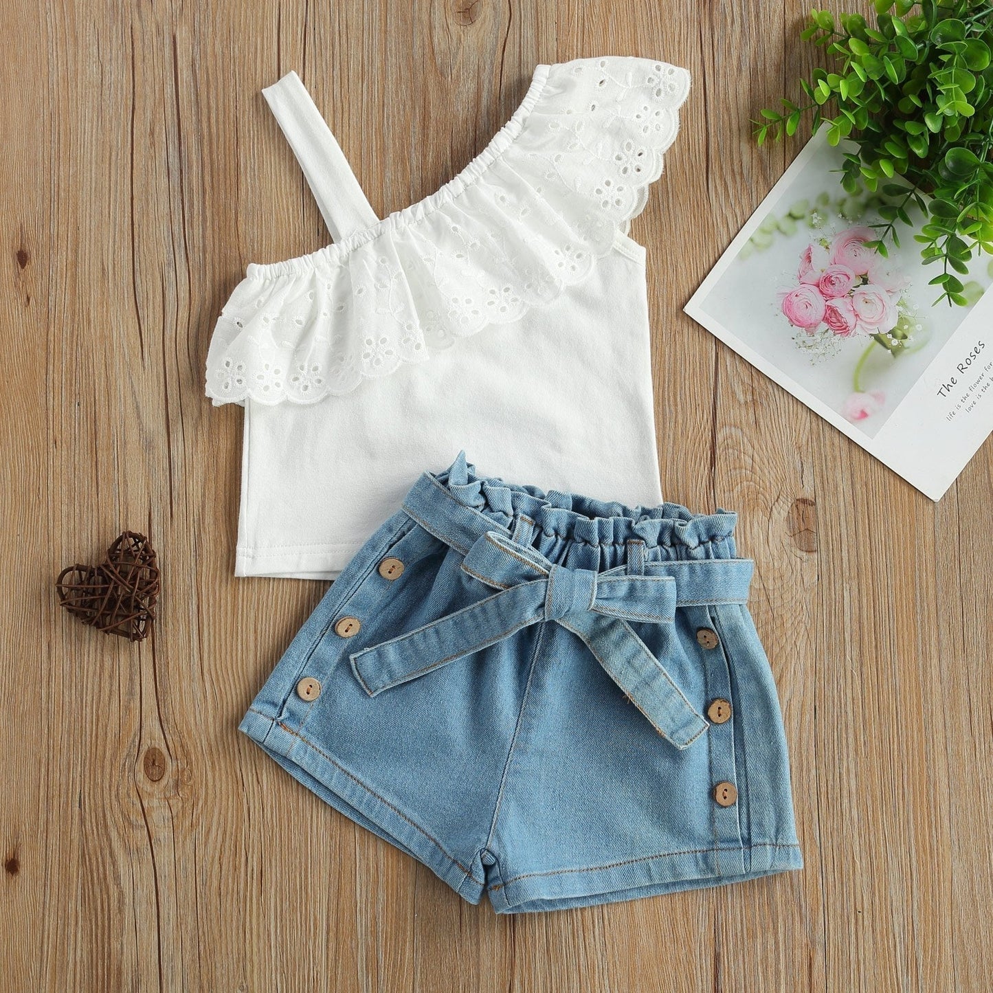 Eyelet top and buttoned denim shorts set