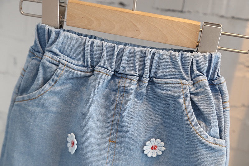 Flower embroidered denim set