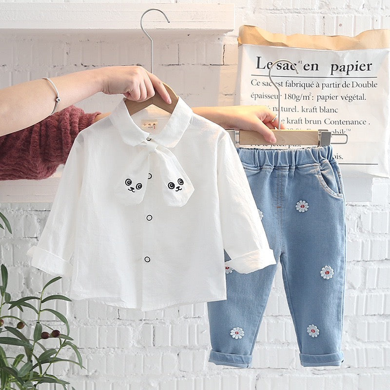 Flower embroidered denim set