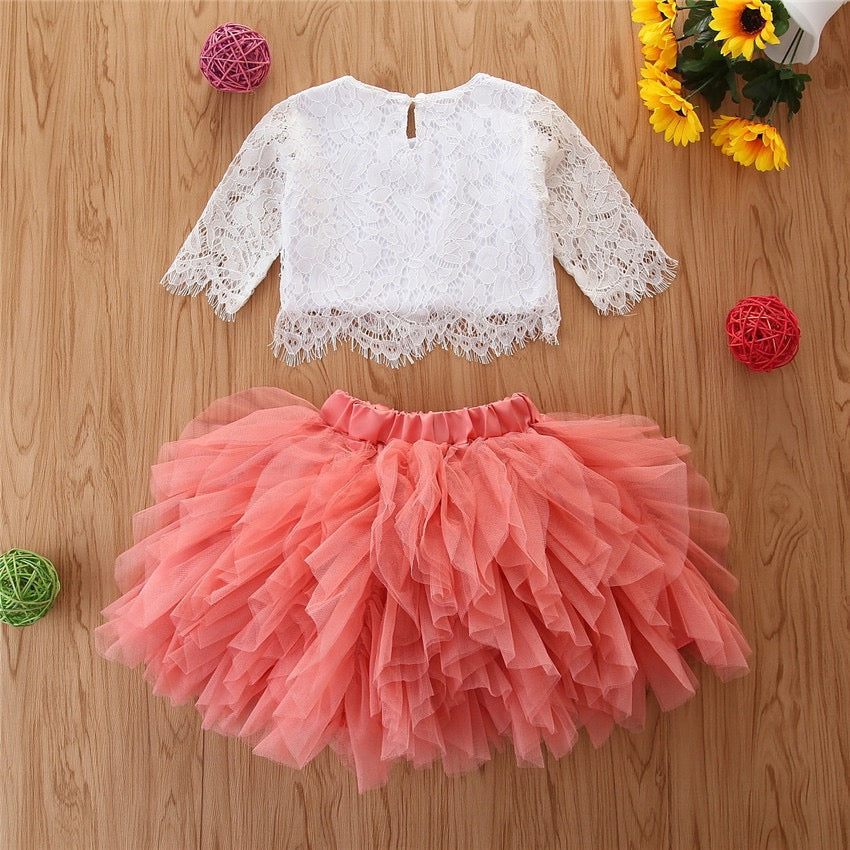 Embroidered top and frilled skirt set