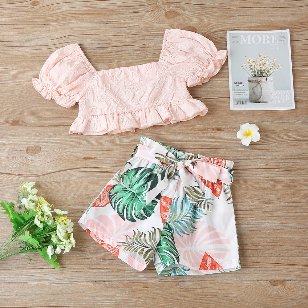 Textured crop top and floral shorts set