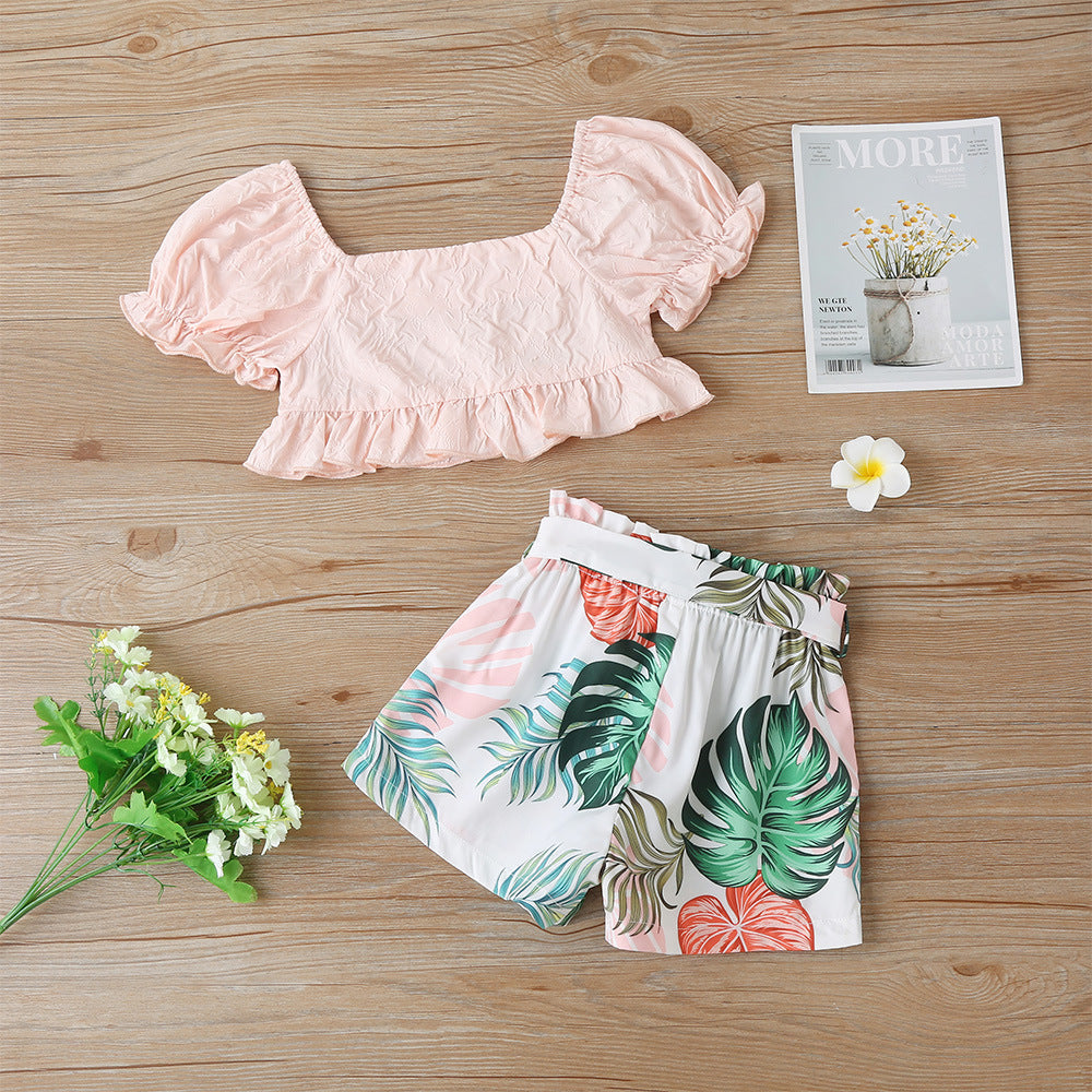 Textured crop top and floral shorts set