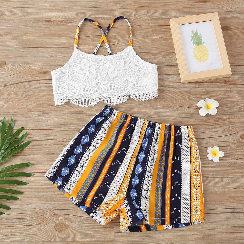 Embroidered top and printed shorts set
