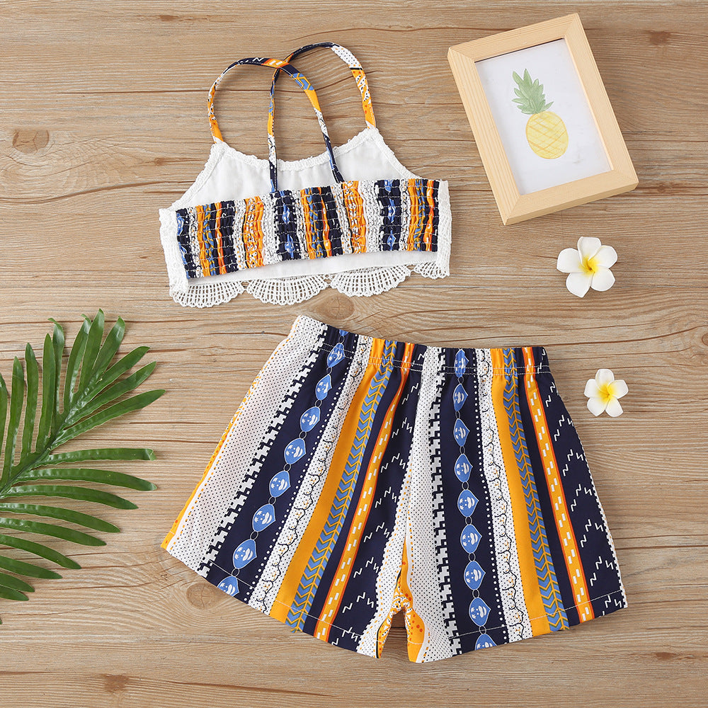 Embroidered top and printed shorts set