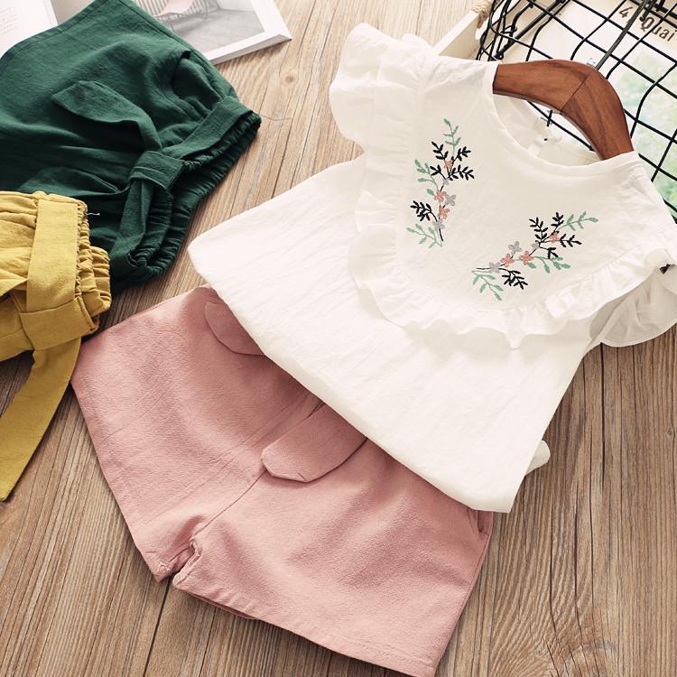 Embroidered top and belted shorts set