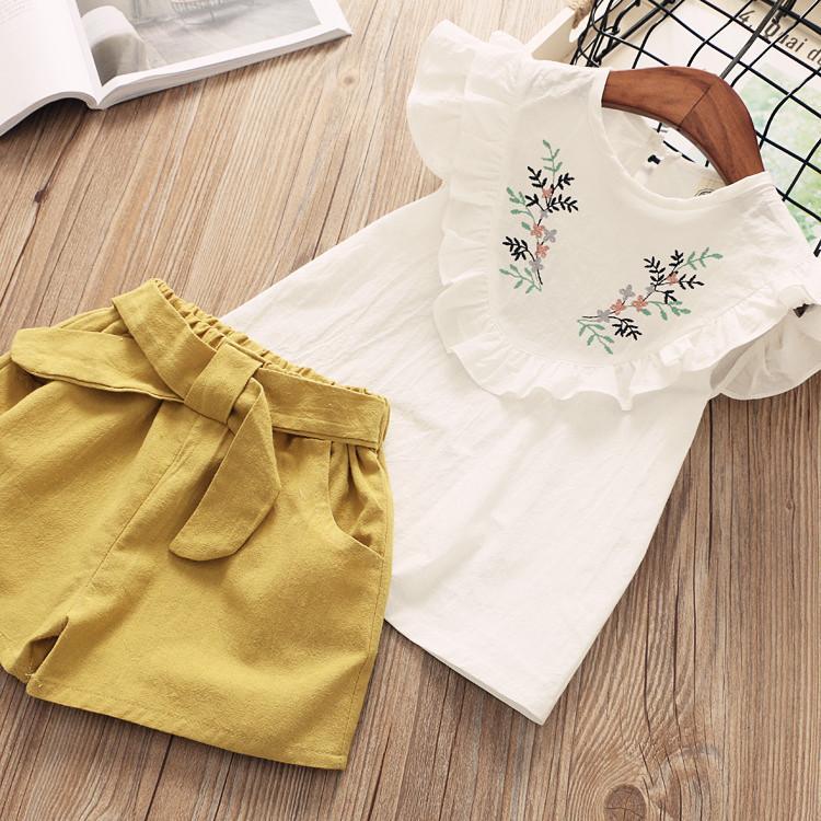 Embroidered top and belted shorts set