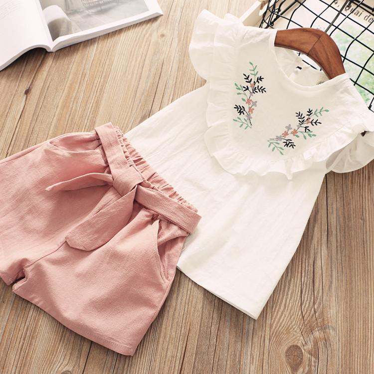 Embroidered top and belted shorts set