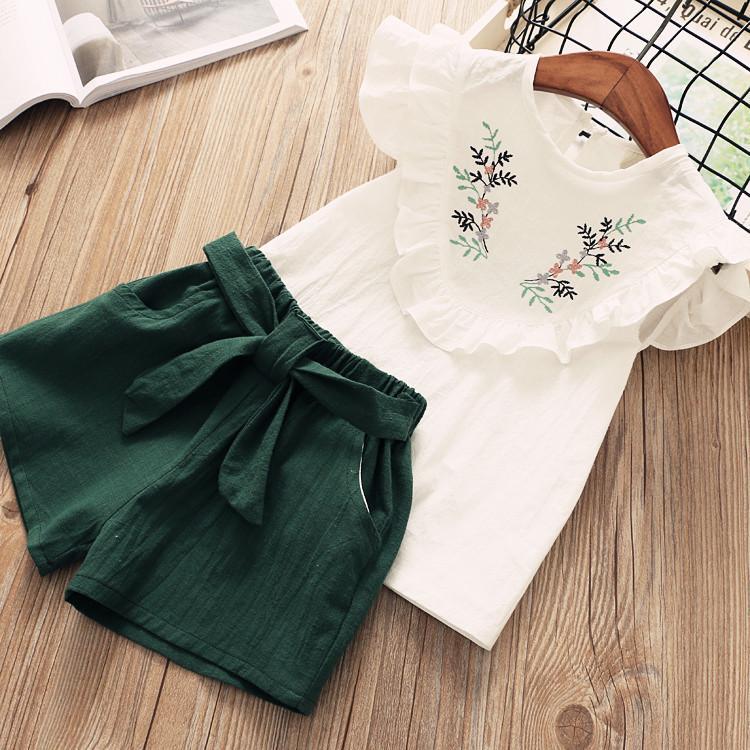 Embroidered top and belted shorts set