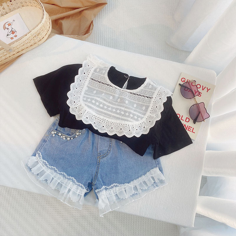 Lace Collar top and denim shorts set