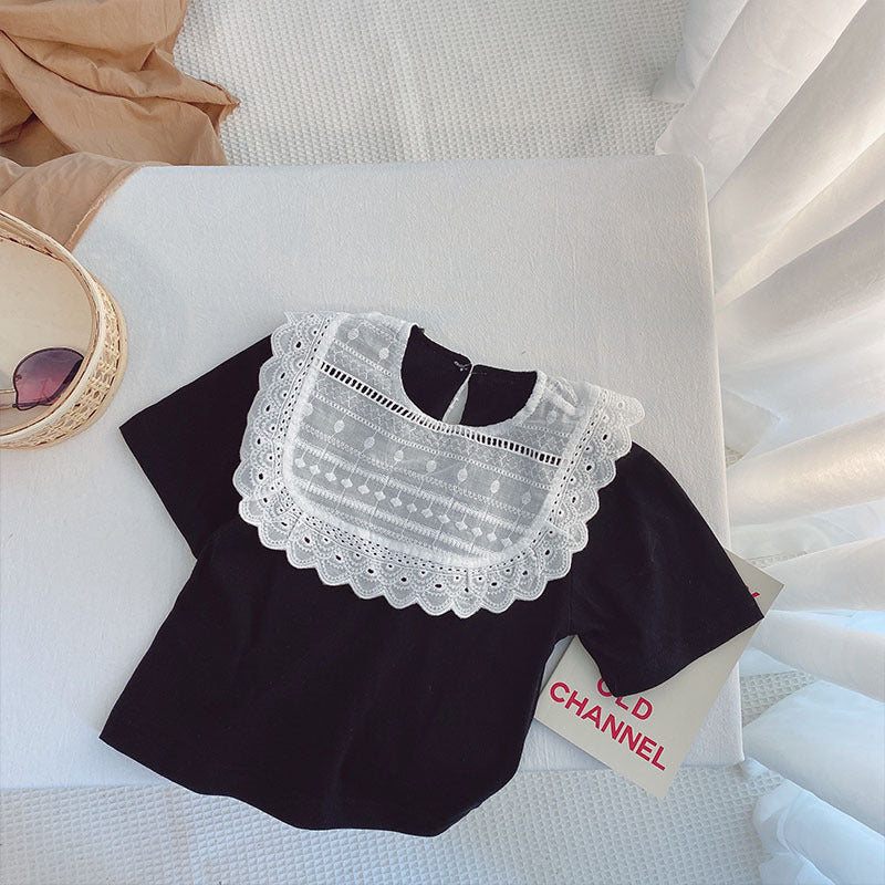 Lace Collar top and denim shorts set