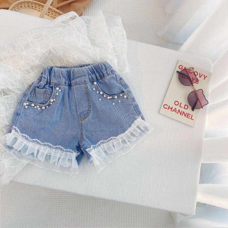 Lace Collar top and denim shorts set