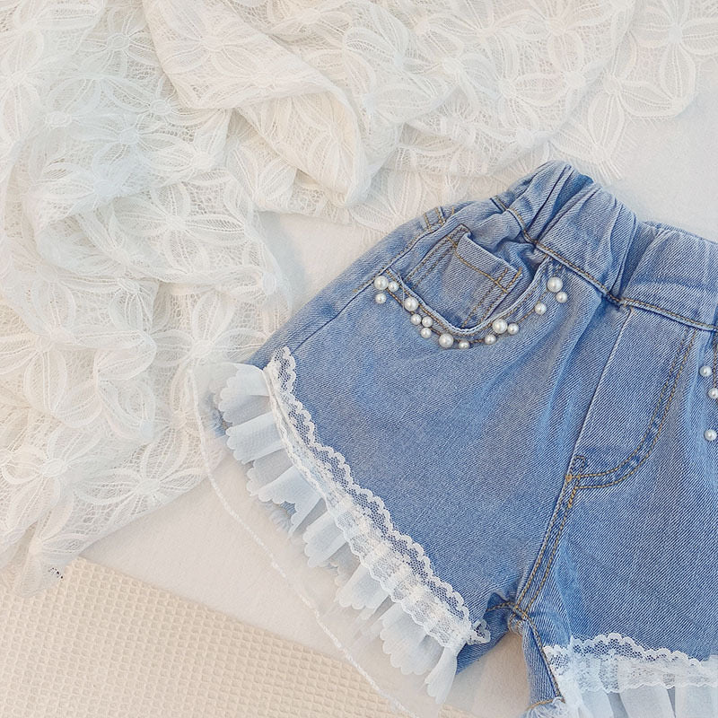 Lace Collar top and denim shorts set