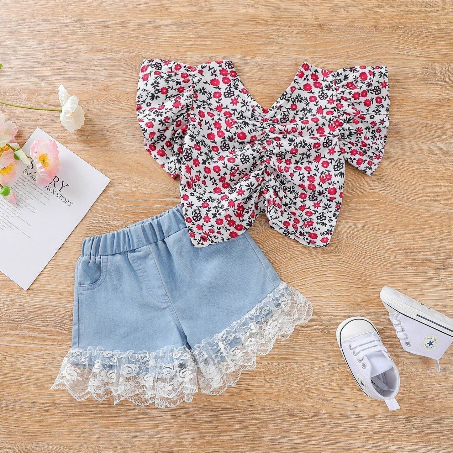 Floral Flutter sleeve top and lace shorts set
