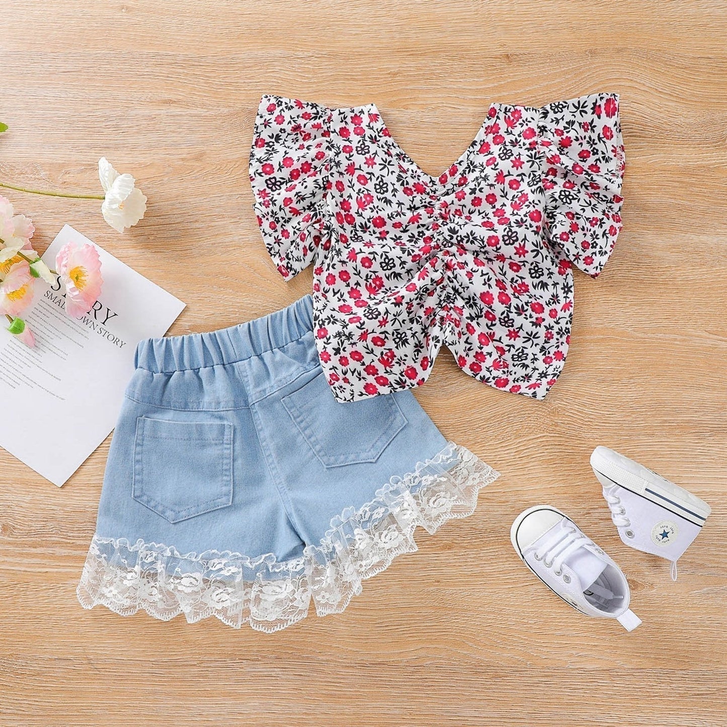 Floral Flutter sleeve top and lace shorts set