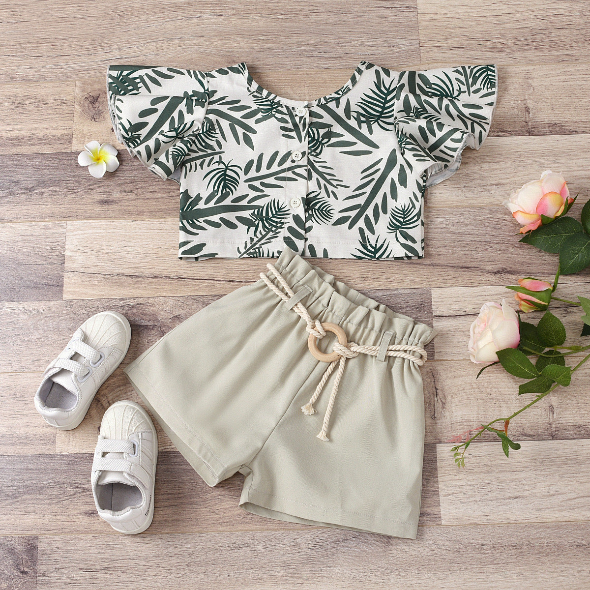 Leaf printed buttoned top and shorts set