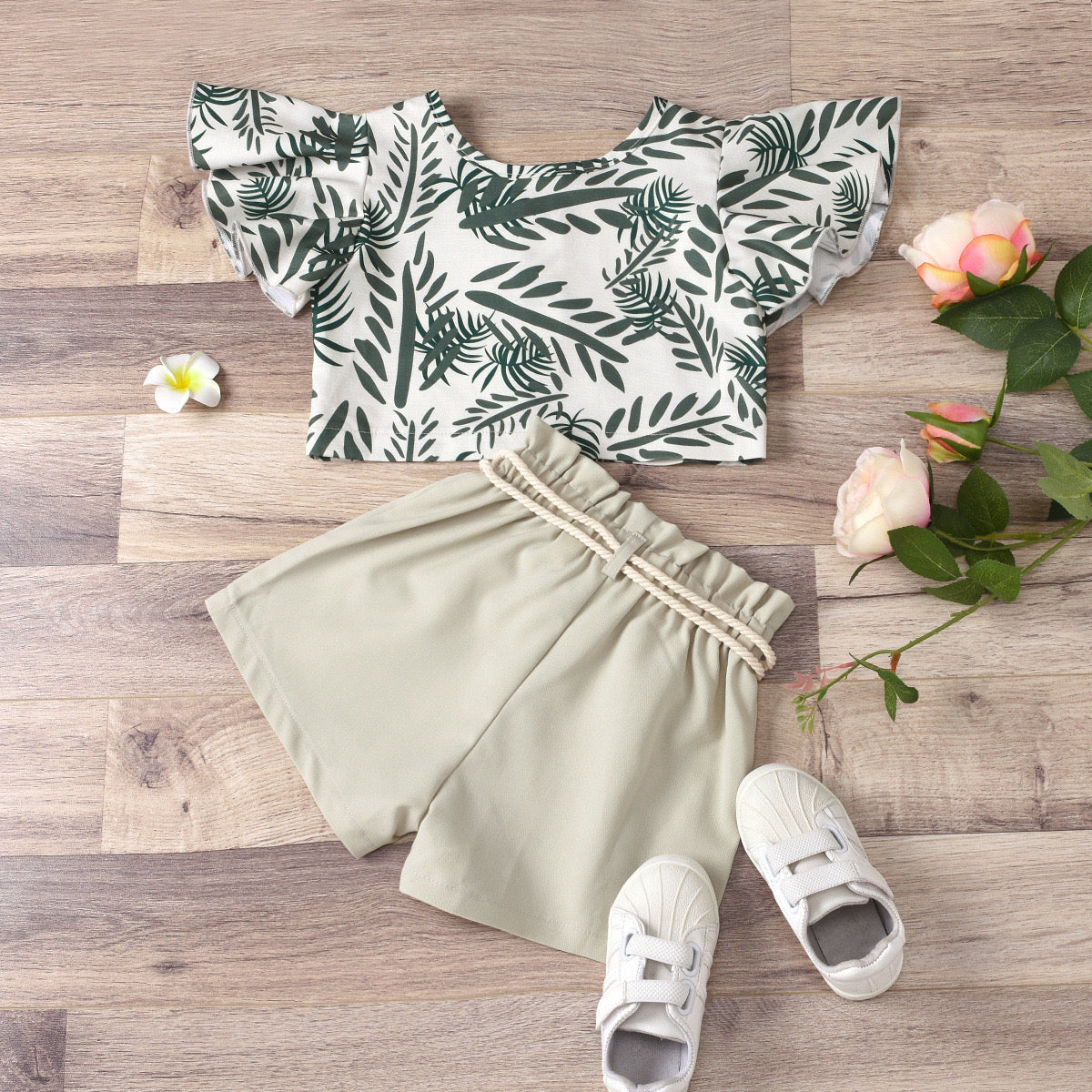 Leaf printed buttoned top and shorts set