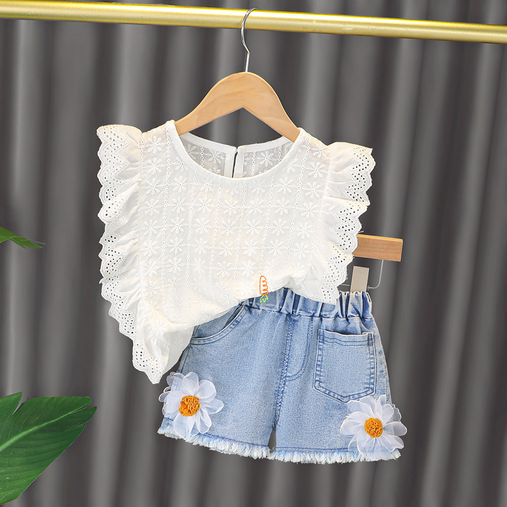 Eyelet top and sunflower denim shorts set