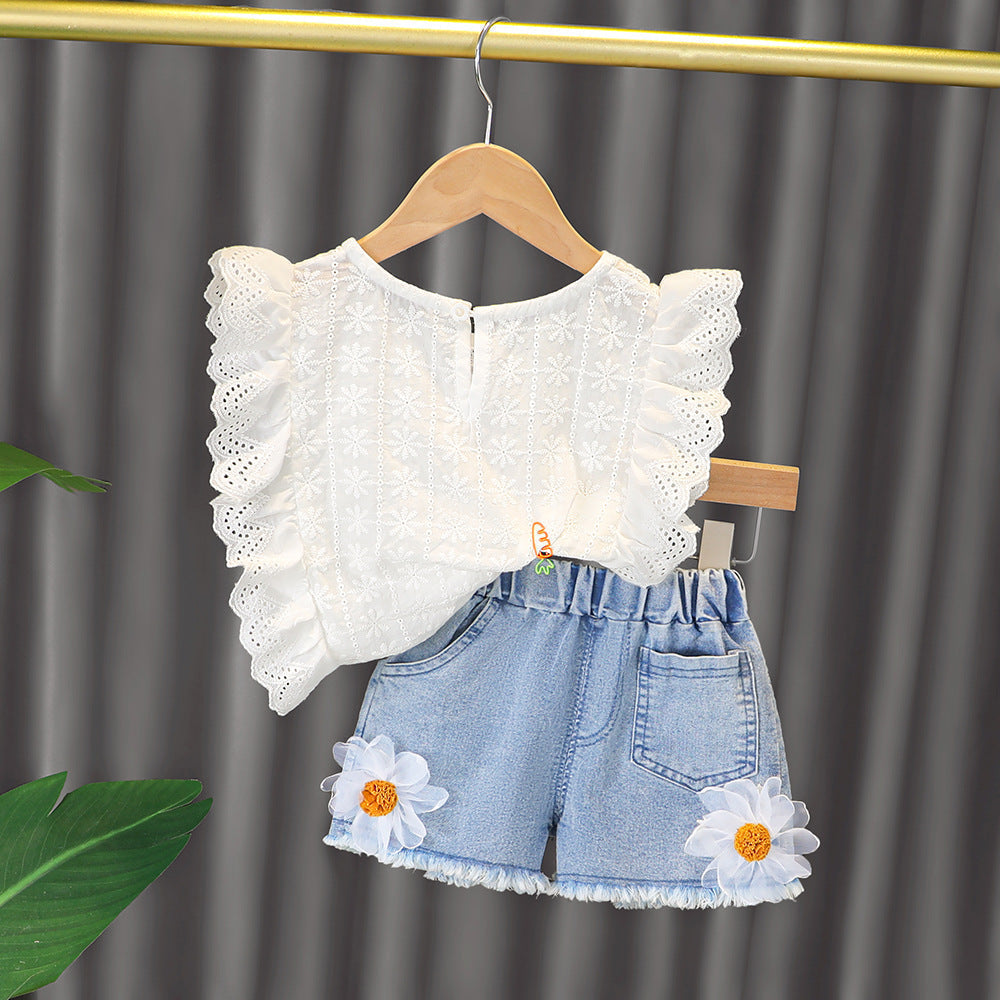 Eyelet top and sunflower denim shorts set