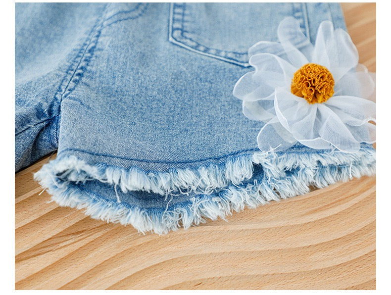 Eyelet top and sunflower denim shorts set