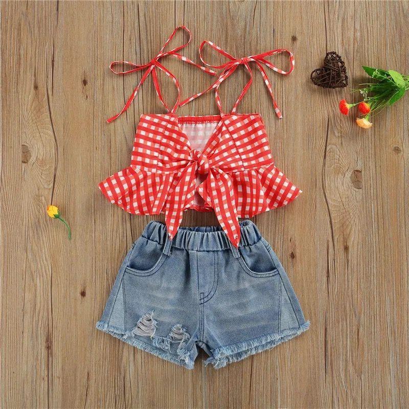 Knotted checks top and denim shorts set
